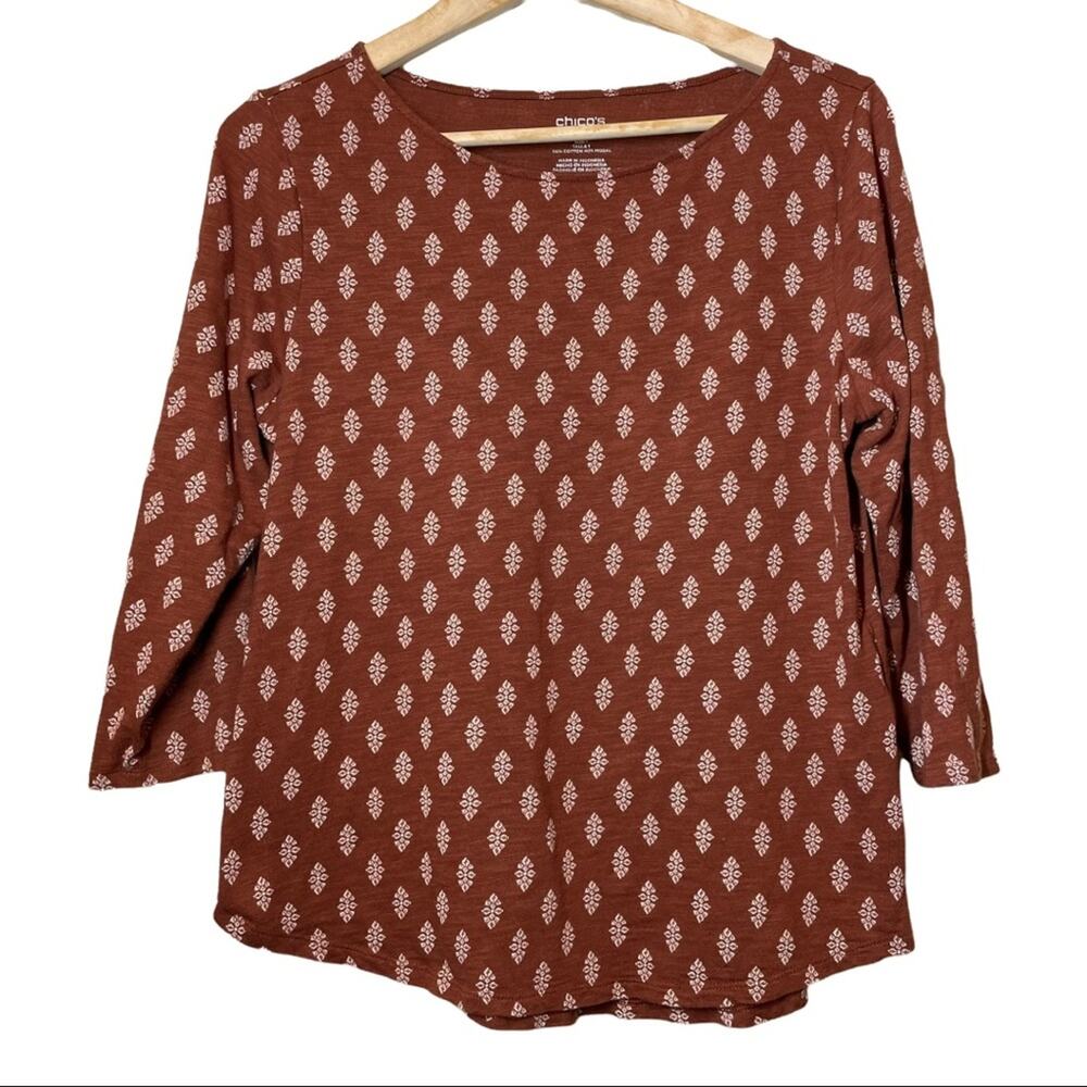 Chico’s the ultimate tee Rust Brown Print 3/4 Sleeve Shirt Size Medium Chico 1